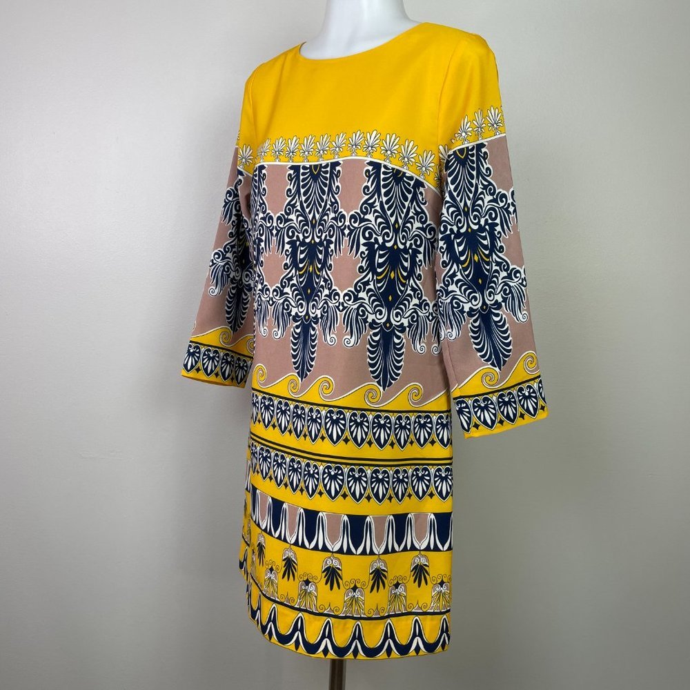 J. Crew Dress 0 Yellow Navy Blue 3/4 Sleeve Gallery Printed Shift Women's - Picture 3 of 12